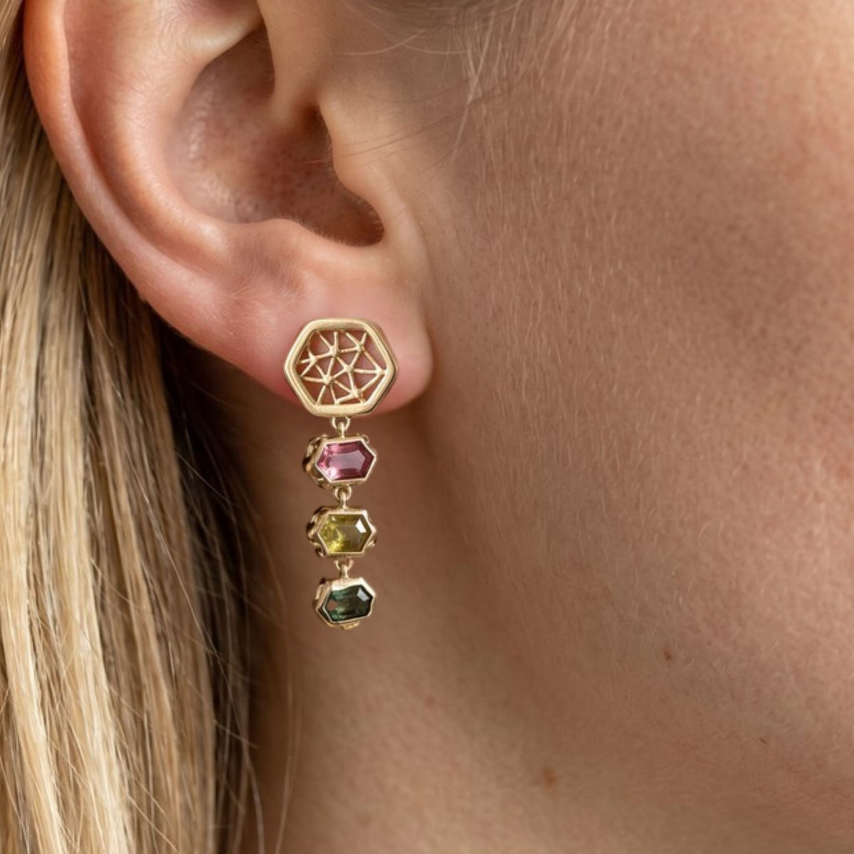 Gold Colourful Tourmaline Dangle Earrings