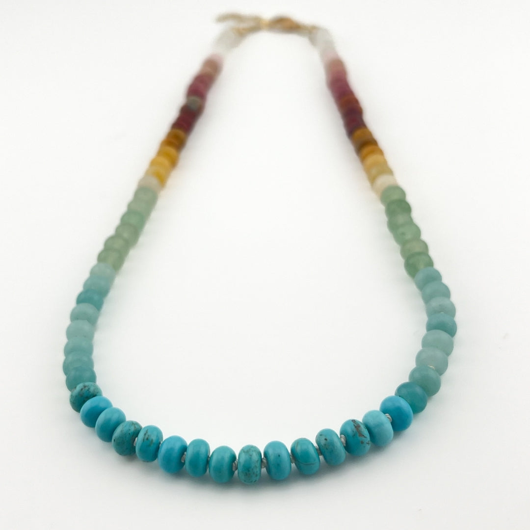 Knotted Silk Bead Necklace with multicoloured gemstone beads with 14K gold-filled findings.